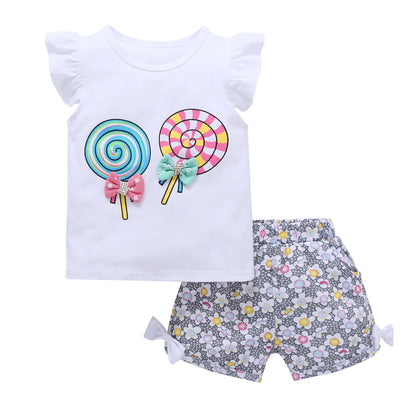 2024 New Summer Baby Clothes Sets Lollipop Print Sleeveless T-shirts and Shorts 2pcs Newborn Infant Girls Clothing Suits Outfits