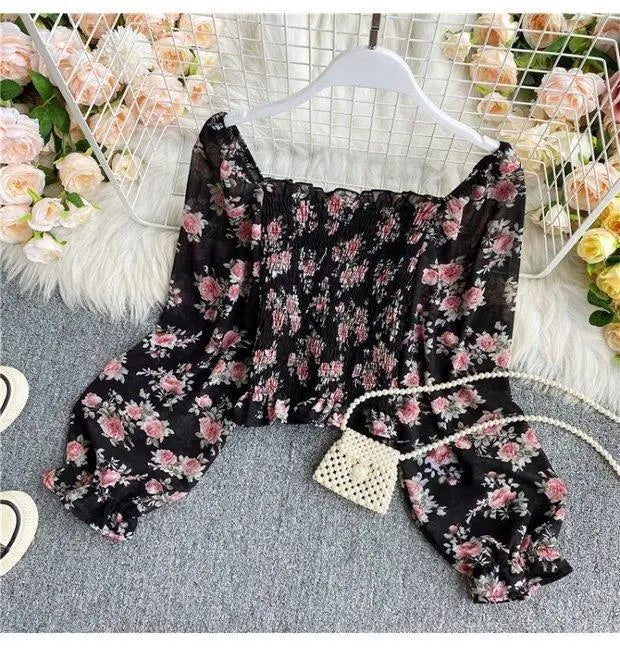 Blouse Women Autumn Retro Sexy Square-Neck Chiffon Shirt Long Sleeve Women's High Waist Short Blusas Ropa De Mujer