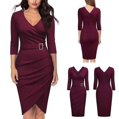Formal Dress Women Summer Solid Color 3/4 Sleeve Elegant Dress High Waist Belted Irregular Pencil Dress Red