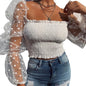 Summer Polka Dot Vintage New Women Shirts Puff Sleeve Square Sexy Square Neck Slim See-through Blouse Crop Top Clubwear