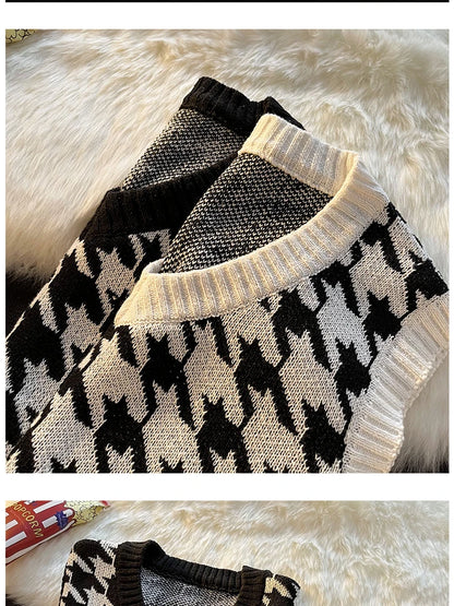 Men Houndstooth Sweater Vests Vintage Sleeveless V-neck Knitwear College Students Couple Loose Outwear Suester Para Hombre Chic