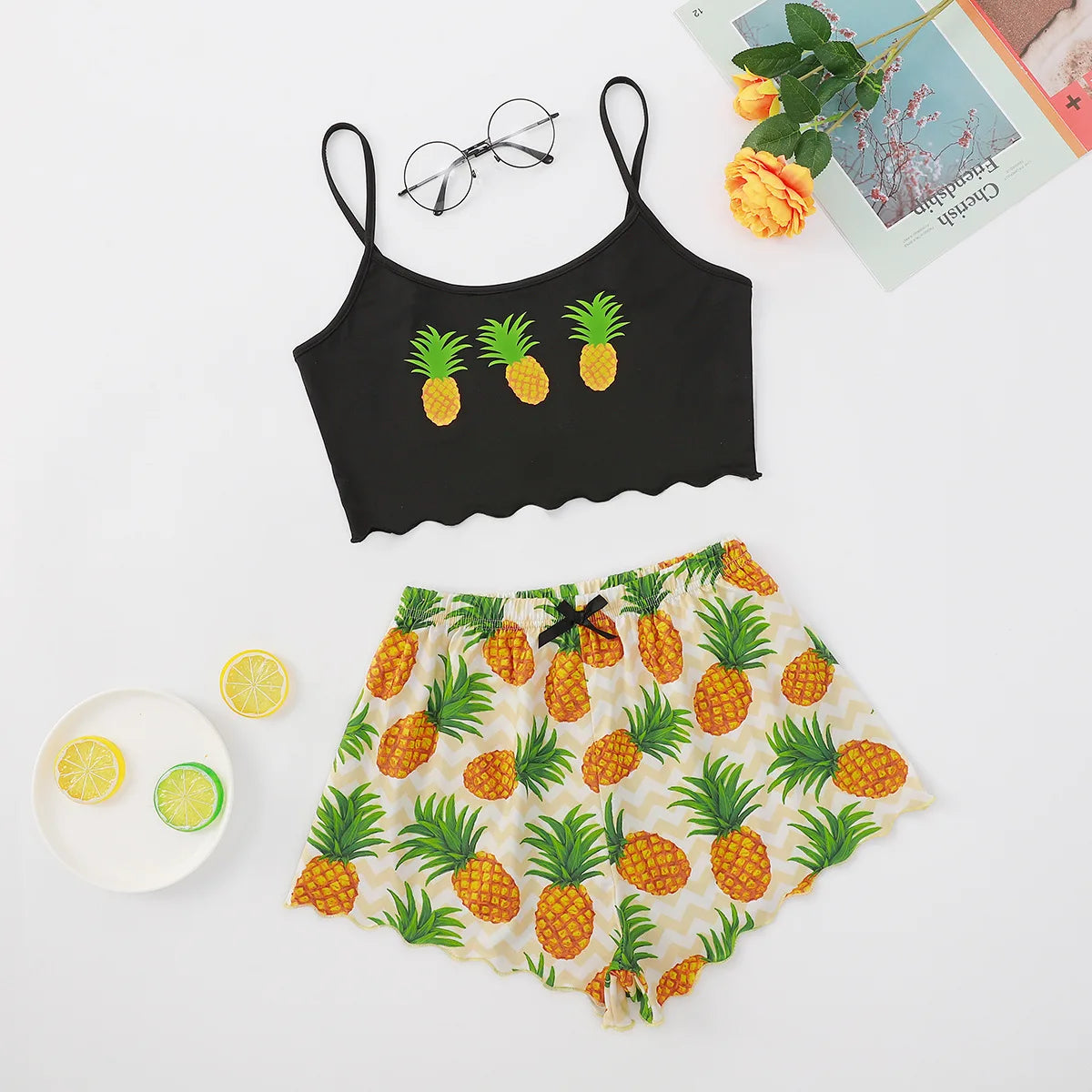 Hot Women's Sleepwear Cute Cartoon Print Short Set Pajamas for Women Pajama Set Sweet Short Sleeve V-Neck & Shorts Summer Pajama