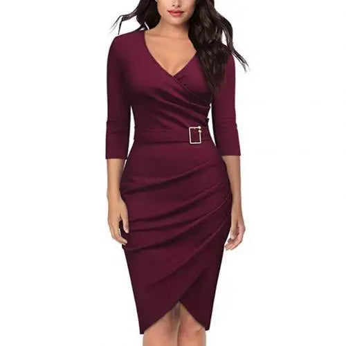 Formal Dress Women Summer Solid Color 3/4 Sleeve Elegant Dress High Waist Belted Irregular Pencil Dress Red