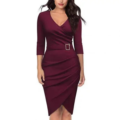 Formal Dress Women Summer Solid Color 3/4 Sleeve Elegant Dress High Waist Belted Irregular Pencil Dress Red