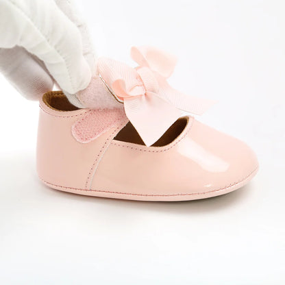 Newborn Baby Shoes Baby Boy Girl Shoes Girl Classic Bowknot Rubber Sole Anti-slip PU Dress Shoes First Walker Toddler Crib Shoes