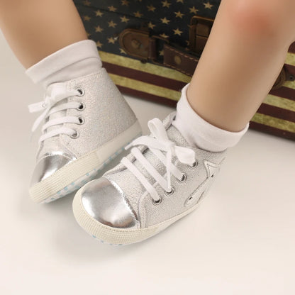 Cute 0-18M Spring Newborn Silver Baby Shoes Non Slip Cloth Bottom Girl Shoes Elegant Breathable Casual Baby First Walking Shoes