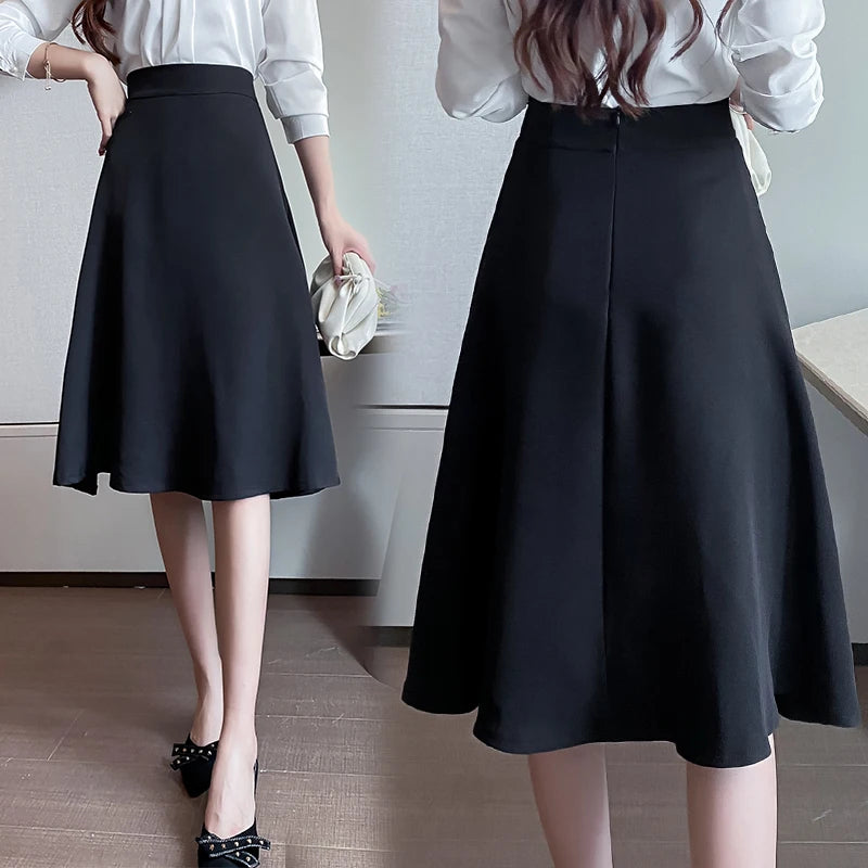 Women Skirts High Waist Knee-length A-line Black Skirt Casual All-match Elegant Ladies Gentle Ulzzang Trendy Solid Streetwear OL