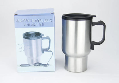 12V Car Heated Mug 450ml Stainless Steel Travel Electric Cup Thermos Cup for Heating Water, Coffee, Milk with Lid, Auto Charger