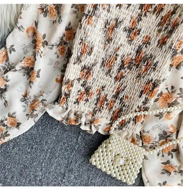 Blouse Women Autumn Retro Sexy Square-Neck Chiffon Shirt Long Sleeve Women's High Waist Short Blusas Ropa De Mujer