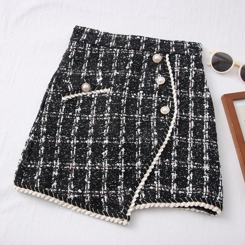Tweed Skirts for Women Solid High Waist Slimming Skirts Autumn Spring 2026 Buttons Double Breasted Tweed Wool Mini Skirt