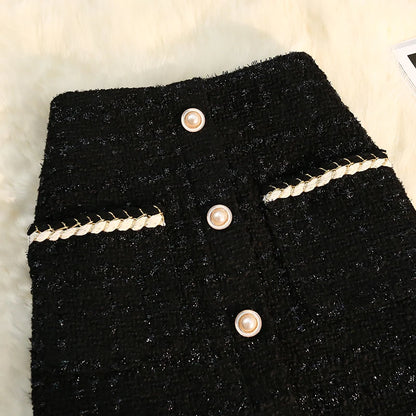 Black White Tweed Long Skirts Women Autumn Winter New Bright Silk Skirt Female Vintage High Waist A-line Wrap Skirt Office Lady