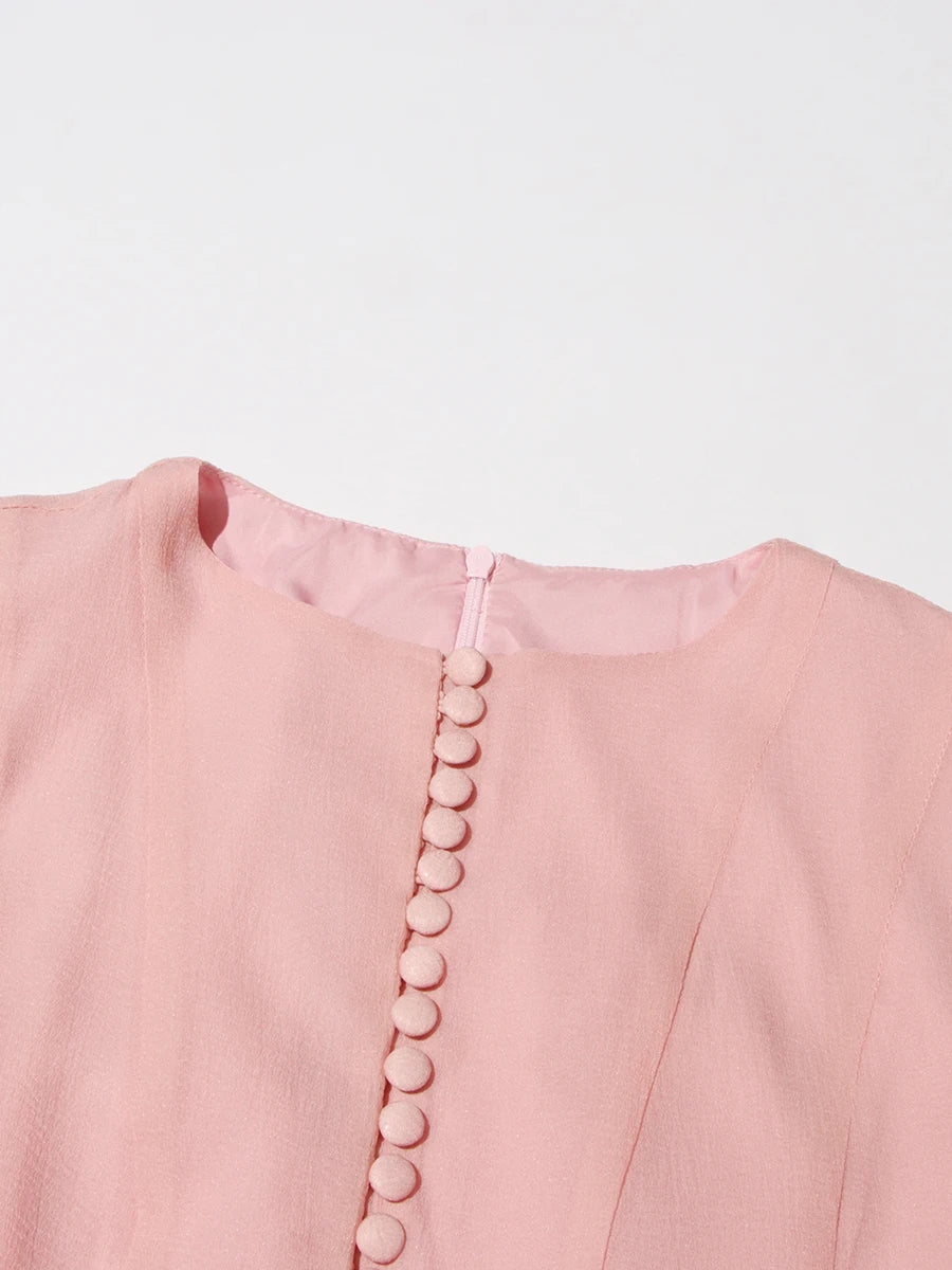 VGH Elegant Spliced Ruffles Midi Dresses for Women O Neck Petal Sleeve High Waist Slim Patchwork Buttons Solid Dress Female New