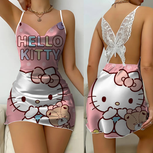 Mini Dress Pajama Skirt Hello Kitty Sexy Dresses Off Shoulder Bow Knot Satin Surface Women's Fashion Summer 2026 Short Party Lace