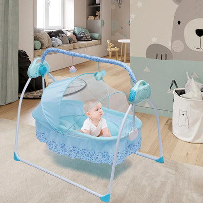 Electric Baby Crib Cradle Auto-Swing Newborn Sleep Bed Infant with Bluetooth blue with Chair + Music + Mat + Net