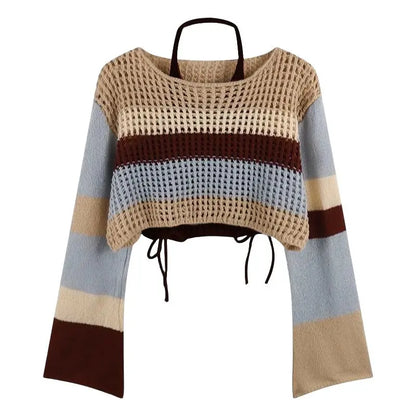 Women's Spring Vintage Hollow Stripe Long Sleeved Knitwear+ Strap+ Cargo Pants Suit Korean Elegant Sweater Trousers Matching Set
