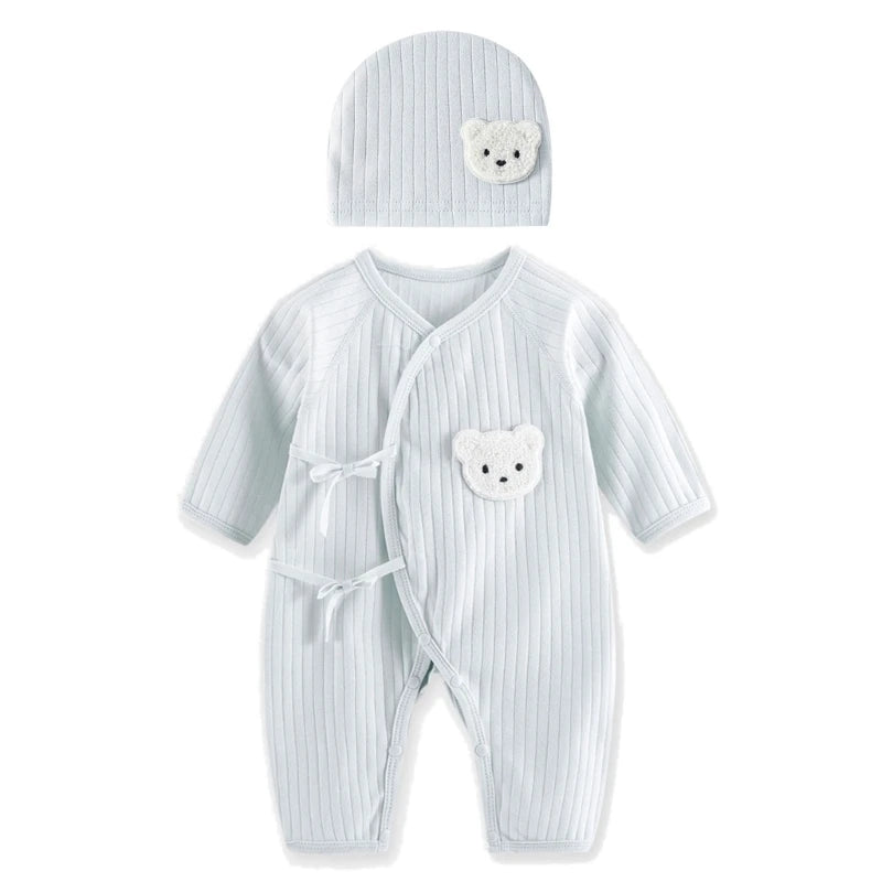 Breathable Newborn Bear Jumpsuit Hospital Hat Spring Outfit Long Sleeves Bodysuits for Baby Girls Boys Unisex Coveralls A2UB