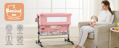 Baby Bassinet, Bedside Sleeper with Wheels, Height Adjustable, for Infant/Baby/Newborn Girls & Boys 0-6 Months, Pink