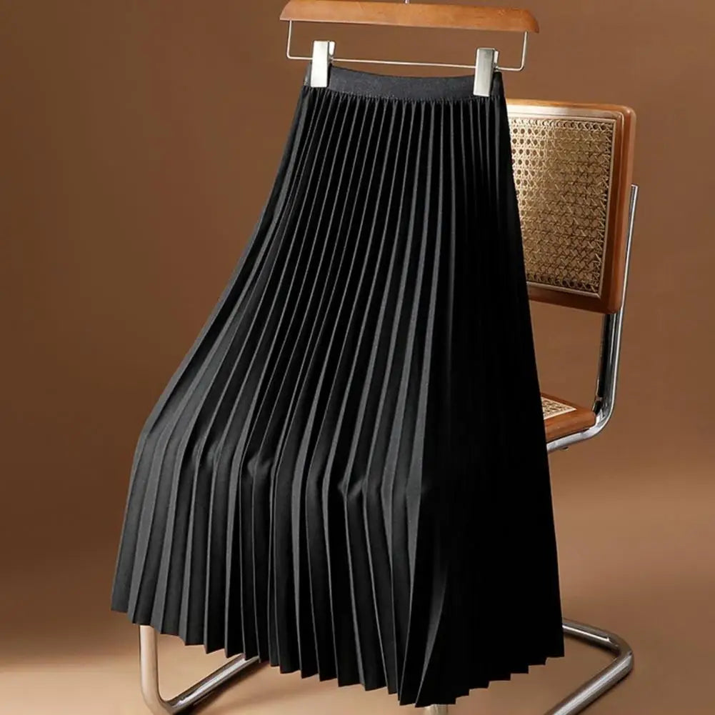 High Waist Pleated Skirt Elegant Women's Maxi Skirt with Elastic High Waist A-line Design Pleated Large Hem Solid Color for Work