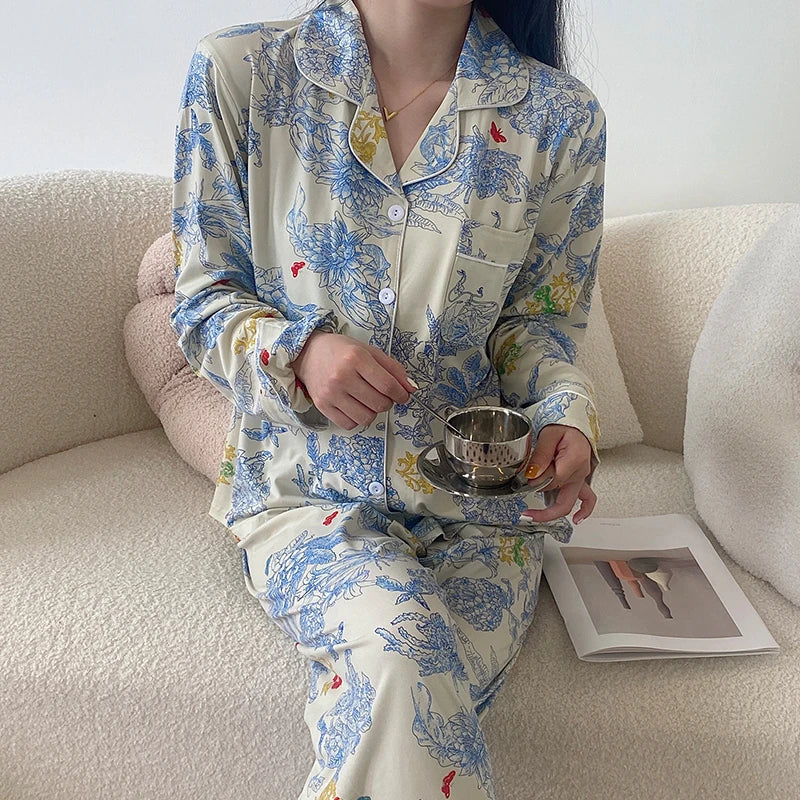 2026 Autumn New Ice Silk Women Pajama Lapel Button Cardigan Outfits for Women 2 Piece Set Fashion Printing Set Clothes for Women