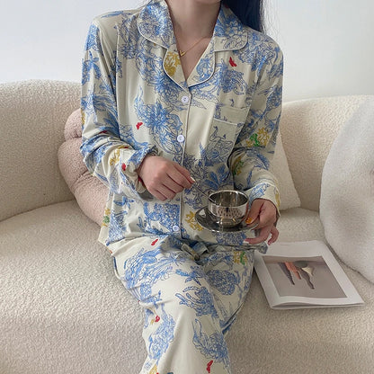 2026 Autumn New Ice Silk Women Pajama Lapel Button Cardigan Outfits for Women 2 Piece Set Fashion Printing Set Clothes for Women