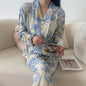 2026 Autumn New Ice Silk Women Pajama Lapel Button Cardigan Outfits for Women 2 Piece Set Fashion Printing Set Clothes for Women