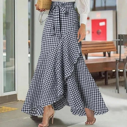 Spring Autumn Women Long Skirt High Waist Lace-up Ruffle Trim Plaid Print Bow Tie Irregular Hem Maxi Skirt Female 2026 New