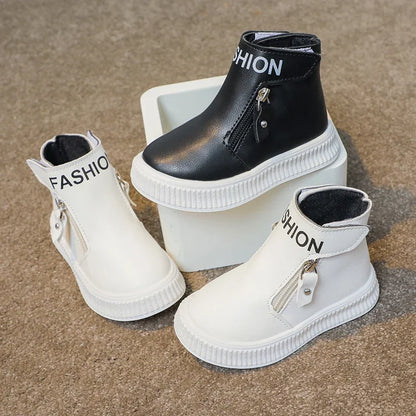 Kids Leather Boots Children Short Sport Boots Side Zipper Round-toe Classic Solid Color Non-slip Boys Girls Fashion Boots 2025