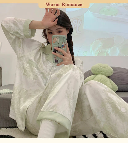 2026 Autumn New Ice Silk Women Pajama Lapel Button Cardigan Outfits for Women 2 Piece Set Fashion Printing Set Clothes for Women