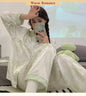 2026 Autumn New Ice Silk Women Pajama Lapel Button Cardigan Outfits for Women 2 Piece Set Fashion Printing Set Clothes for Women