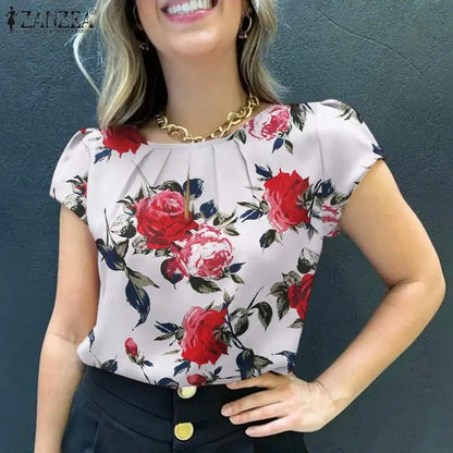 ZANZEA Summer Bohemian Short Sleeve Floral Printed Blouse Women Vintage Holiday Party Shirt Casual Beach Tops Tunic Bulses 2025