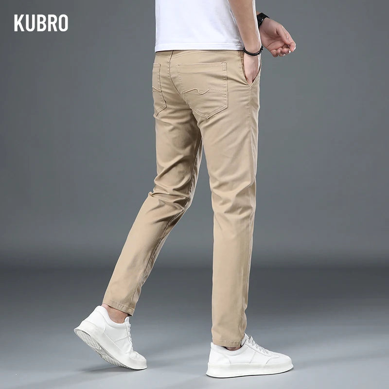 KUBRO Korean Style Cotton Soft Elastic Slim Straight Trousers Summer Thin Office Fashion Versatile Men's Business Casual Pants