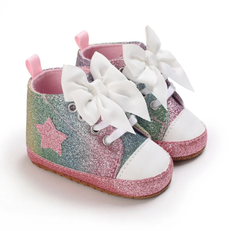 Cute 0-18M Spring Newborn Silver Baby Shoes Non Slip Cloth Bottom Girl Shoes Elegant Breathable Casual Baby First Walking Shoes
