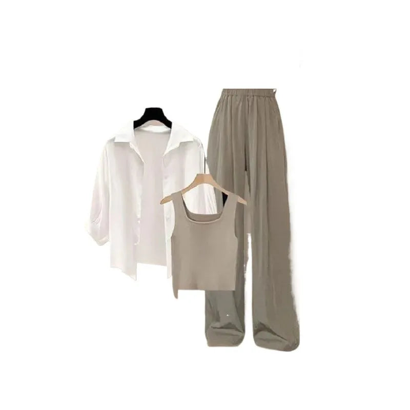 2026 Summer New Fashion Tracksuit Matching Set Women's Elegant White Sunscreen Shirt+ Vest+ Casual Wide Leg Pants 3-Piece Suit