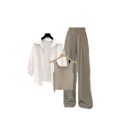 2026 Summer New Fashion Tracksuit Matching Set Women's Elegant White Sunscreen Shirt+ Vest+ Casual Wide Leg Pants 3-Piece Suit