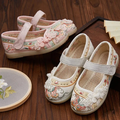 Kids Hanfu Shoes Sweet Embroidery Flower Girl Princess Shoes Fashion Chinese Ancient Style Children's Causal Flat Cloth Shoes