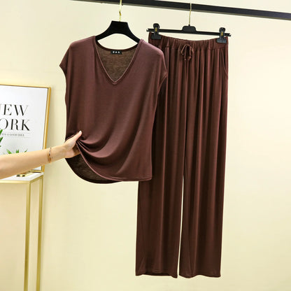 Modal Home wear 2pcs set V-Neck T-shirt sleeveless and Pants summer women's Loose sleepwear suits Solid color Casual Pajamas sets