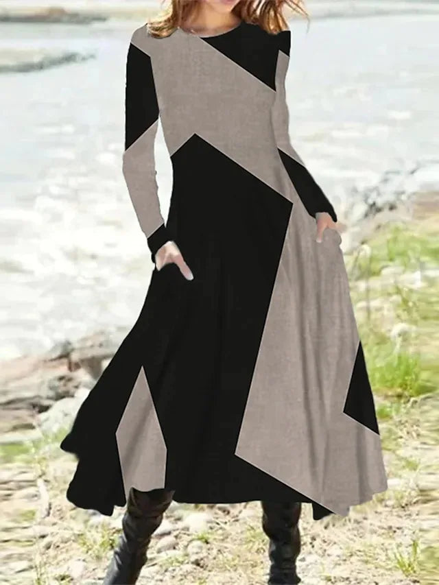 New 2025 Women's Casual Elegant Party Dress Contrast Color Ladies Spring Autumn Loose Long Sleeve Dress with Pockets Midi Dress