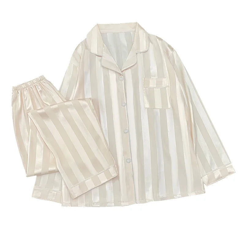 Women's Pajamas Sets Spring Autumn 2 Piece Striped Pajama Faux Silk Satin Sleepwear Long Sleeve Button Pajama Mujer Pjs Home wear
