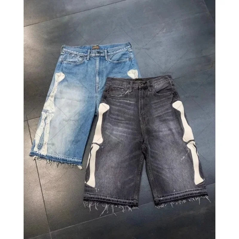 2025 European and American Summer Retro Skeleton Denim Shorts Sports Casual Shorts New Couple Wear Street Wear Five-Fifth Pants