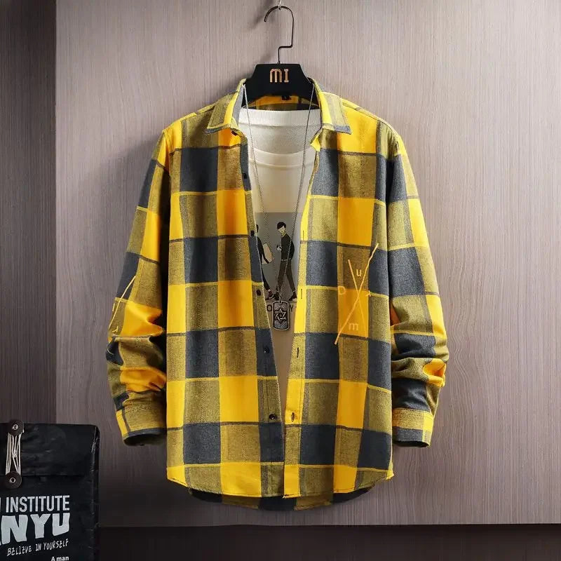 2025 Spring and Autumn Men's Lapel Loose Plaid Button Printed Pocket Casual Fashion Elegant Commuting Long sleeved Shirt