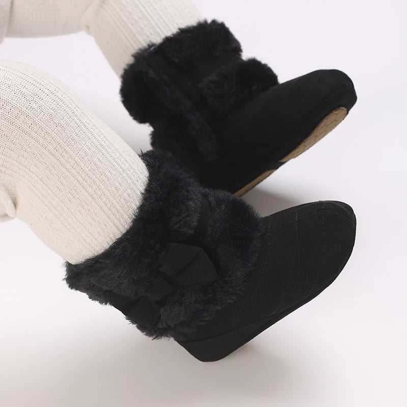 Cute Bowknot Comfortable Boots For Baby Girls Soft Warm Plus Fleece Boots For Indoor Walking Autumn And Winter