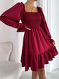 Women's Dress Simple Square Neck Solid Color Long Sleeve Dress Parallel Crepe Seam Body Bell Sleeves Ruffle Hem Dress Women