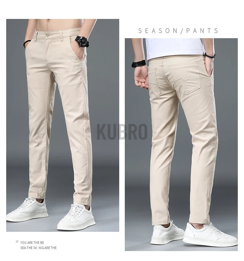KUBRO Korean Style Cotton Soft Elastic Slim Straight Trousers Summer Thin Office Fashion Versatile Men's Business Casual Pants