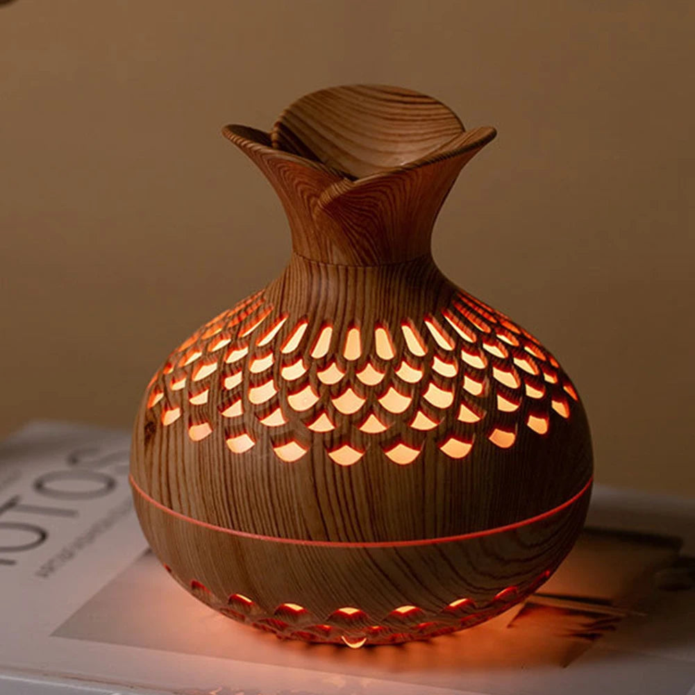 300ML Wood Grain Flower Humidifier Silent Aromatherapy Diffuser USB Rechargeable Mini Air Humidifier with Colorful Night Light