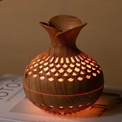 300ML Wood Grain Flower Humidifier Silent Aromatherapy Diffuser USB Rechargeable Mini Air Humidifier with Colorful Night Light