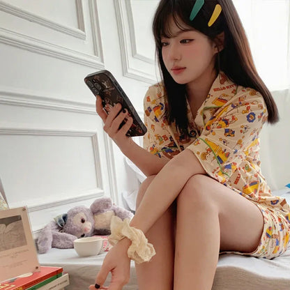 Plus Size Ins Cartoon Pajamas Set Korean Student Summer Internet Celebrity Girl Short Sleeve Shorts Thin Loose Home wear