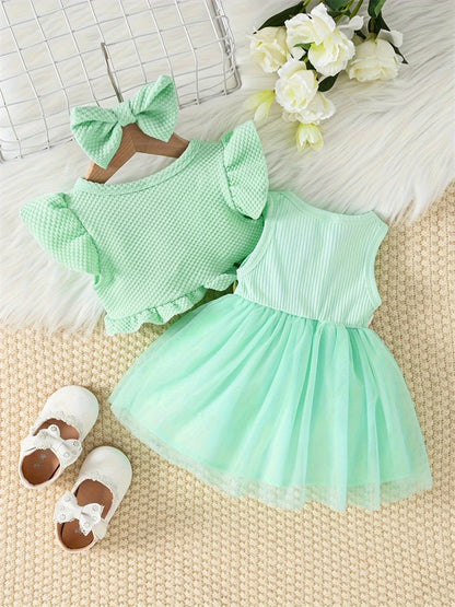 Newborn 2026 Baby Girls Dress Summer Waist Flower Vest Sleeveless Short Top Sweet Girl Lace Mesh Dress
