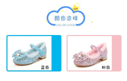 Disney Princess Kids Warm Winter Shoes for Girls Elsa Casual Glitter Children Flat Heel Girls Shoes Butterfly Knot Blue Pink