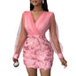 Women Fashion Dress Fashion Floral Pattern Sheer Mesh Patch Long Sleeve V-Neck Elegant Party Dress