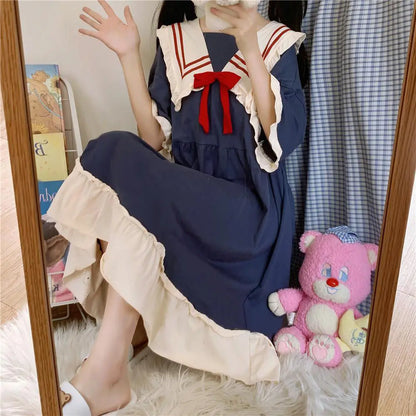 Pajamas Two-Piece Female Spring and Summer New Short-Sleeved Princess Navy Wind Sweet and Cute Students Cartoon Ladies Home wear